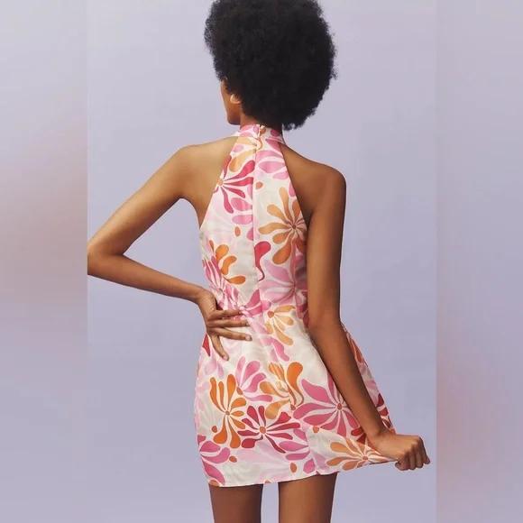 NEW Anthropologie Hutch Jones Halter Mini Dress Floral Orange Retro 70s Pink - Picture 4 of 10